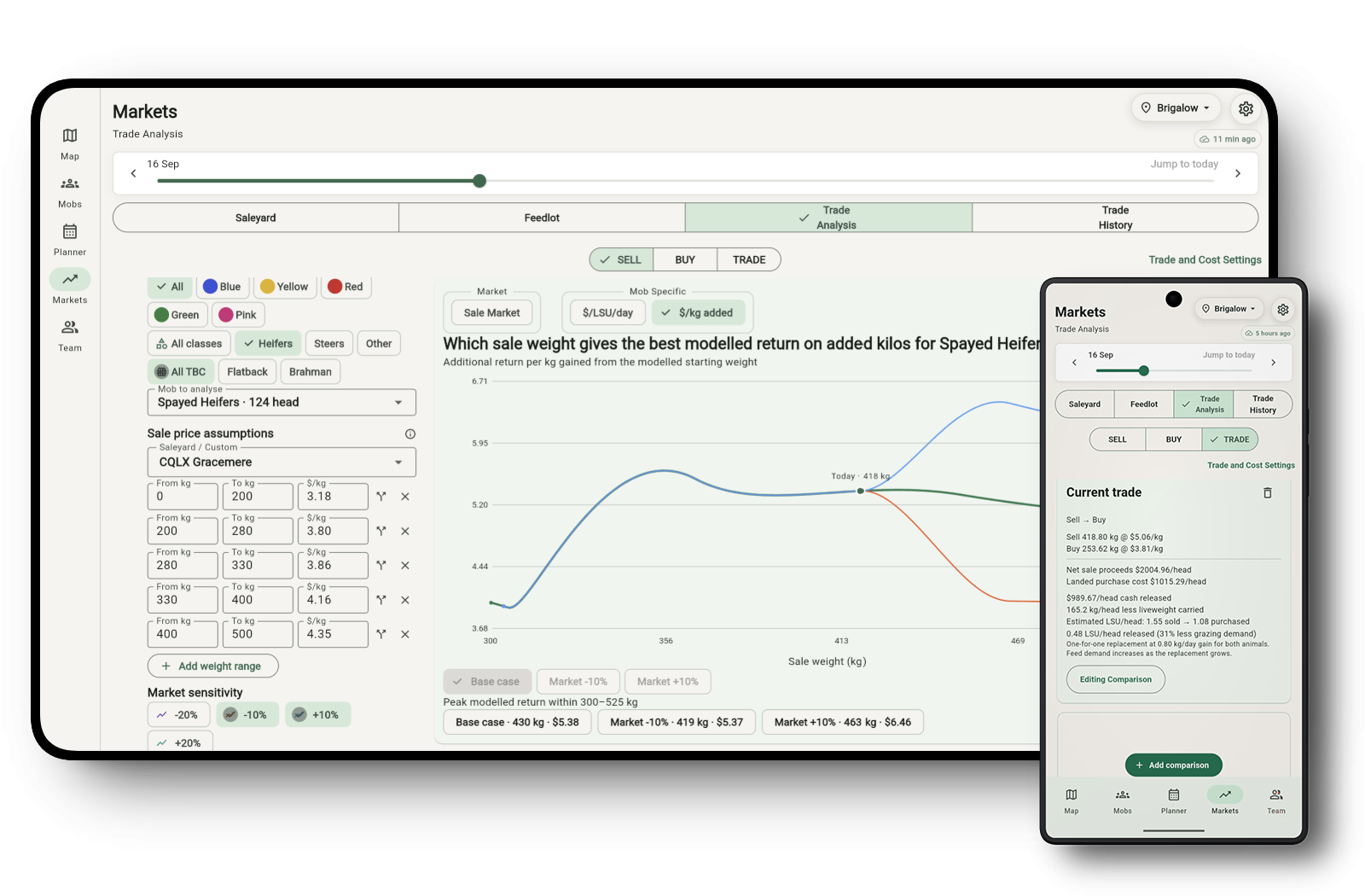Grazer trade analysis graph on desktop with a trade comparison on mobile